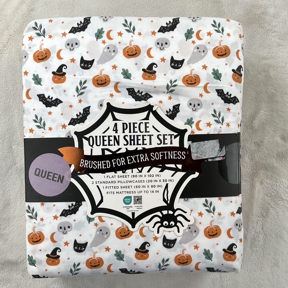 EnVogue Halloween Queen Sheet Set 4pc Brushed Soft Pumpkin Ghost Bat Black Cat
